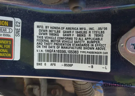 2006 Honda Civic Lx из США, поврежденный, VIN 1HGFA16556L105383